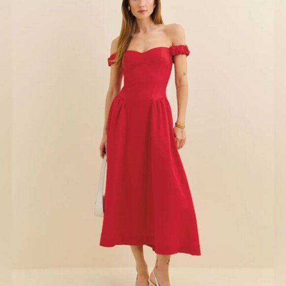 NEW Reformation Monet Linen Midi Dress Lipstick Red Off-Shoulder | size 4 - Picture 1 of 14